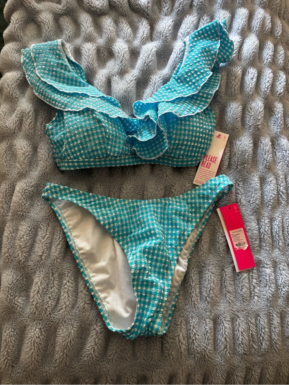 Lilly Pulitzer Aqua Checkered Ruffle Bikini Swim Set